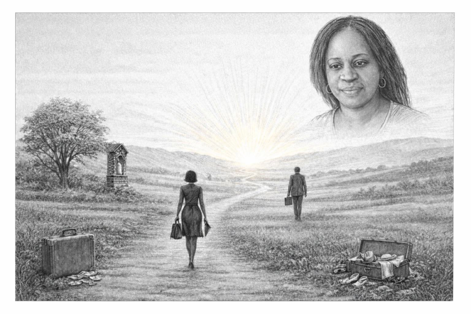 Illustration : le chemin de l'esp&eacute;rance &mdash; silhouettes marchant vers la lumi&egrave;re